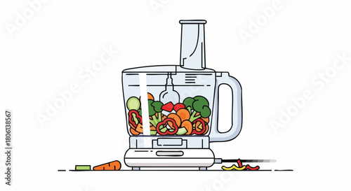 Clean Line Art Illustration of Food Processor Chopping Fresh Vegetables for Healthy Meal Prep