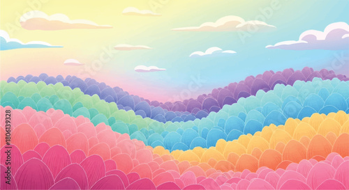 Magical and Dreamy Pastel Rainbow Landscape with Rolling Hills Under a Soft Sky Vector Background