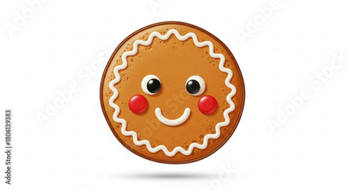 A delightful gingerbread cookie with a cheerful smile, rosy cheeks, and a charming white icing border isolated on