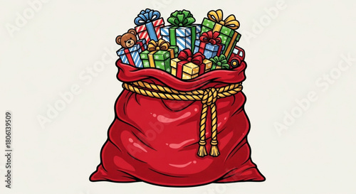 A red santa sack is full of wrapped gifts and toys, ready to be delivered on christmas morning isolated on