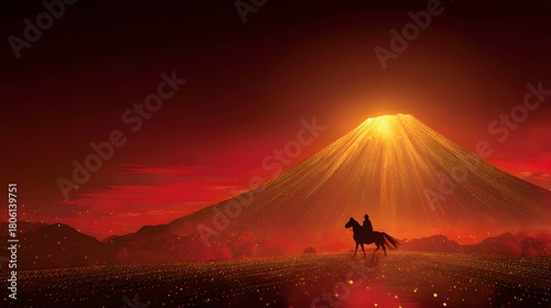 Mystic Red Fuji with Horse Silhouette New Year Art

