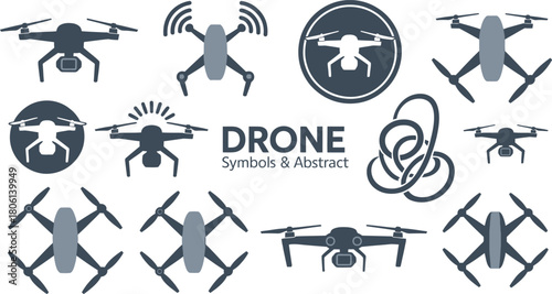 Diverse Drone Icons Graphics Featuring Abstract Designs, Symbols, Modern Quadcopters, and Aerial Photography Technology