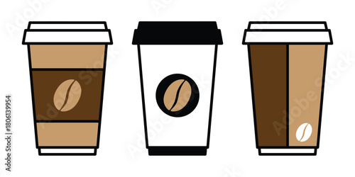 Coffee Cup Icon Set. To-Go Drink Vector with Coffee Bean Logo