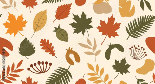 Seamless Autumn Fall Season Leaves and Nuts Pattern Background