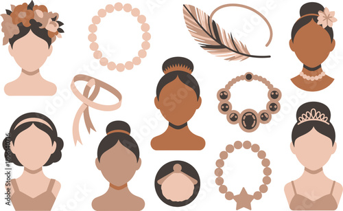 Diverse Woman Portraits with Floral Crowns, Pearl Necklaces, Tiara, and Feather Illustration Collection