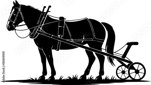 horse in plow silhouette vector illustration