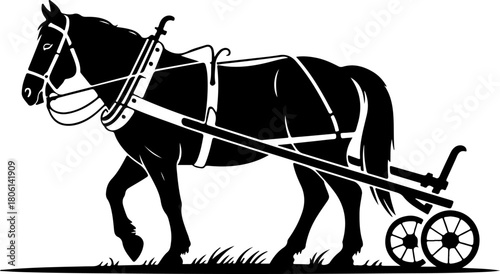 horse in plow silhouette vector illustration