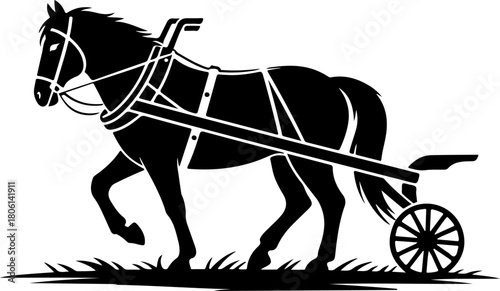 horse in plow silhouette vector illustration