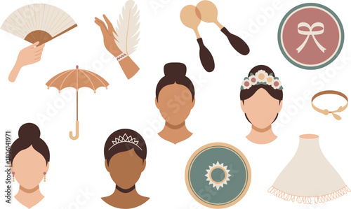 Elegant Assortment Fan, Hand, Feather, Umbrella, Maracas, Portraits, Bow, Tiara, and Dress Illustration