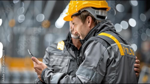 Two men in construction gear are looking at a tablet. One of them is pointing at something on the screen