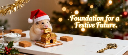 Cute hamster in a Santa hat builds a house from gold blocks for Christmas. Festive concept of investment, real estate, and a prosperous future