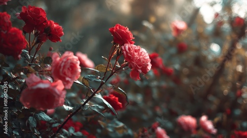 Beautiful red and pink roses blooming in a serene garden setting during golden hour, showcasing vibrant colors and delicate petals