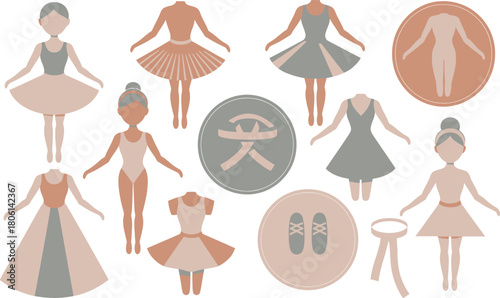 Elegant Ballet Dancer Icons with Dress Variations and Accessories on a White Background