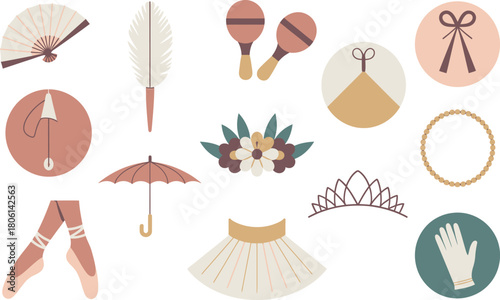 Elegant Boho Chic Fan, Feather, Maracas, Ballet Shoes, Tiara, Pearls, Umbrella, and More in Pastel Tones