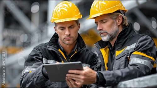 Two men in construction gear are looking at a tablet. One of them is pointing at something on the screen