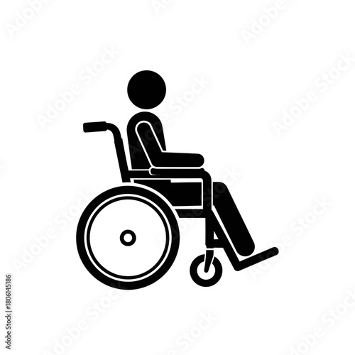 A black and white illustration of a person sitting in a wheelchair, symbolizing accessibility and mobility support