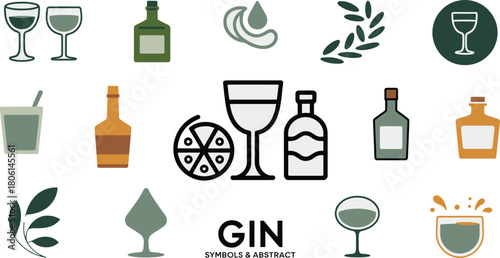Gin Cocktail Ingredients Glassware, Alcohol Bottles, Garnish Symbols Abstract Art Design