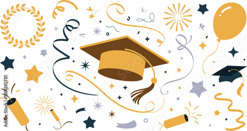 Graduation Celebration Illustration Caps, Balloon, Confetti, Stars, and Laurels in Gold, Navy, and Lilac Colors
