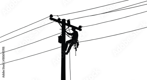 Electrician silhouette working on power line, lineman repairing utility pole, high voltage electricity maintenance, energy grid service vector illustration, industrial worker climbing post