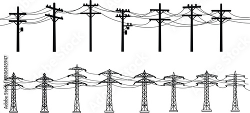 Horizontal set of electric power lines, high voltage transmission towers, utility pole silhouettes, energy distribution grid vector, electricity infrastructure, black wire illustration