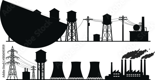 Industrial factory silhouette set, nuclear power plant cooling towers, manufacturing building skyline, water tank infrastructure, energy production vector illustration, pollution smoke chimney