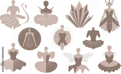 Grouping of Conceptual Ballerina and Fairy Illustrations in Taupe and White Shades