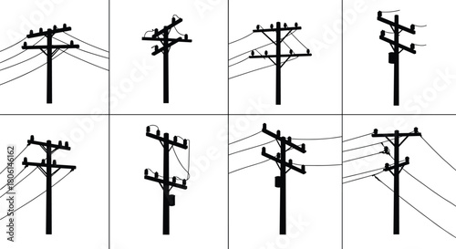 Set of electric poles silhouettes, power transmission lines icons, high voltage electricity grid vector, utility post collection, energy wire distribution, black isolated illustration