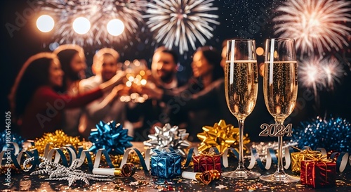 Celebration toast with champagne and fireworks