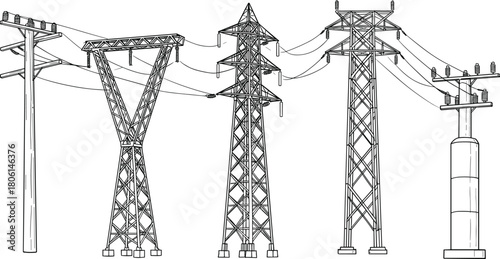 Set of electric transmission towers and utility poles, high voltage power line sketch, energy distribution grid vector, industrial electricity infrastructure, black and white line art