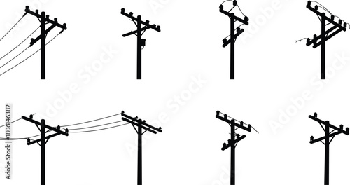 Set of electric utility pole silhouettes, power transmission lines, high voltage energy grid, wooden post vector collection, electricity distribution network, black isolated icons