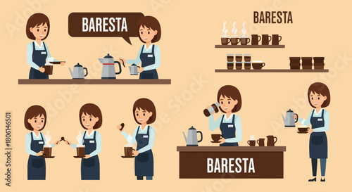 Friendly Female Barista Preparing and Serving Coffee Drinks in a Modern Cafe Flat Design Illustrations