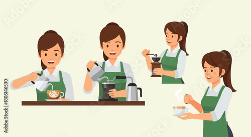 Barista Creating Coffee Step by Step Guide to Perfect Brew from Pour Over to Finished Cup Vector Illustration