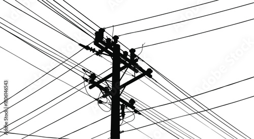 Silhouette of messy power lines, electric pole, tangled wires, black cables, urban energy grid, utility infrastructure, vector illustration, industrial sky background, 