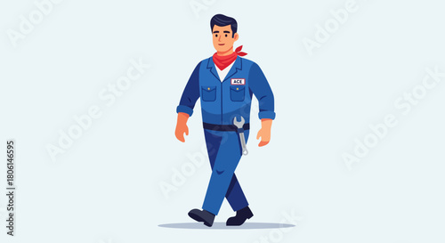Professional Mechanic Worker in Blue Overalls Walking with Tool Belt