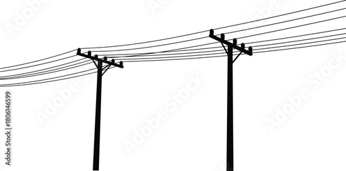Silhouette of two electric utility poles connected by power lines, high voltage electricity transmission grid, energy distribution infrastructure vector illustration, black isolated background