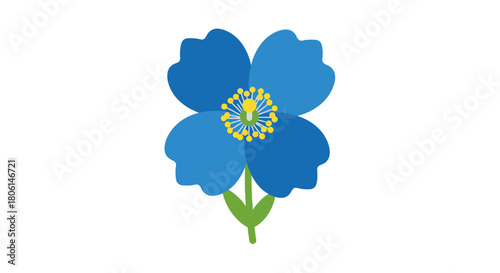 A vibrant blue flower with yellow center and green stem, isolated on white.