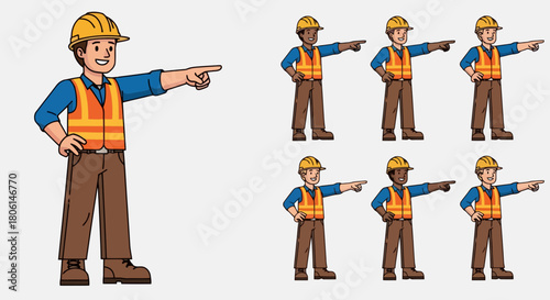 Diverse Construction Worker Pointing Indicating Direction Multiple Skin Tones Set