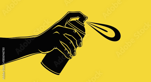 Silhouette of a hand holding and spraying a can of aerosol paint on a yellow background.
