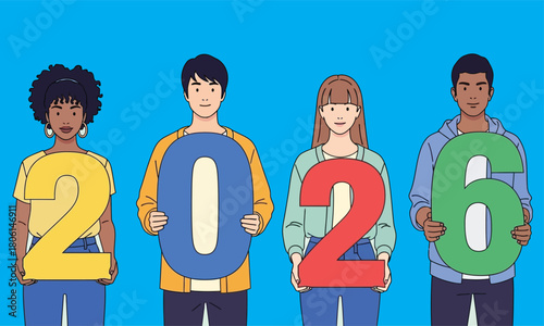 A friendly, minimalist vector illustration set against a solid blue background, showcasing a diverse group of four young people two women and two men happily presenting the large, colorful numerals of