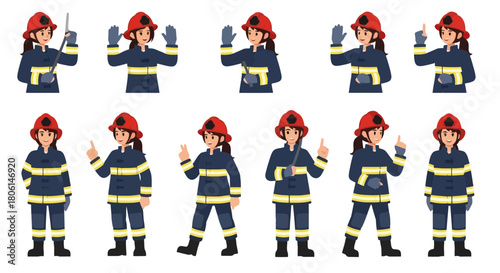 Diverse Female Firefighter Poses Collection Heroic Woman in Uniform Showing Readiness and Action