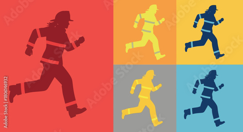 Dynamic Pop Art Silhouettes of a Running Firefighter in Multi Color Retro Style