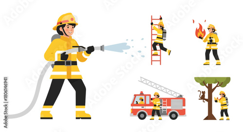 Brave Firefighters in Action Illustration Set with Fire Truck Ladder Hose and Rescue Scenarios