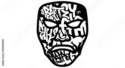Abstract mask design with graffiti-style lettering forming facial features, rendered in black and white.