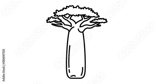 A simple line drawing of a baobab tree with a thick trunk and leafy crown.