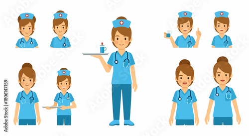 Cute Cartoon Nurse Character Collection Helping Hands Medicine and Care