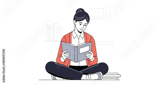 Cozy Young Woman Reads Book While Sitting Cross Legged Vector Illustration for Education Knowledge and Relaxation