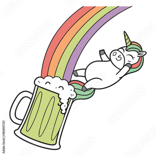 Cartoon unicorn sliding down rainbow into beer mug on white background vector illustration