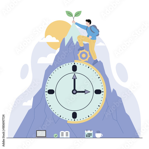 Mastering Time A Person Climbing a Clock Mountain with a Growth Sprout
