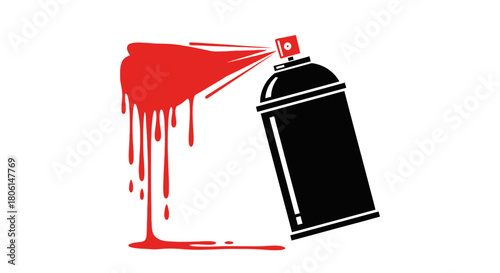 A black spray can expels red paint, creating drips and a splatter effect, isolated on white.