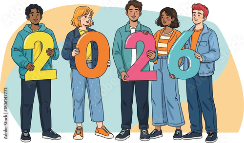 A vibrant, hand-drawn illustration depicting a diverse group of five happy young adults standing together and enthusiastically holding up large, colorful numerals that spell out the year 2026